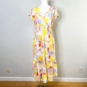 Ingrid‎ & Isabel Maternity Maxi Dress Colorful Floral Yellow Short Sleeve Size M